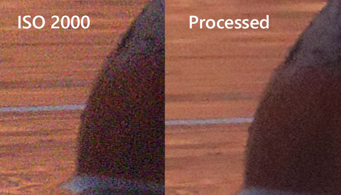 The magnified raw image is on the left and the same image after noise reduction is on the right